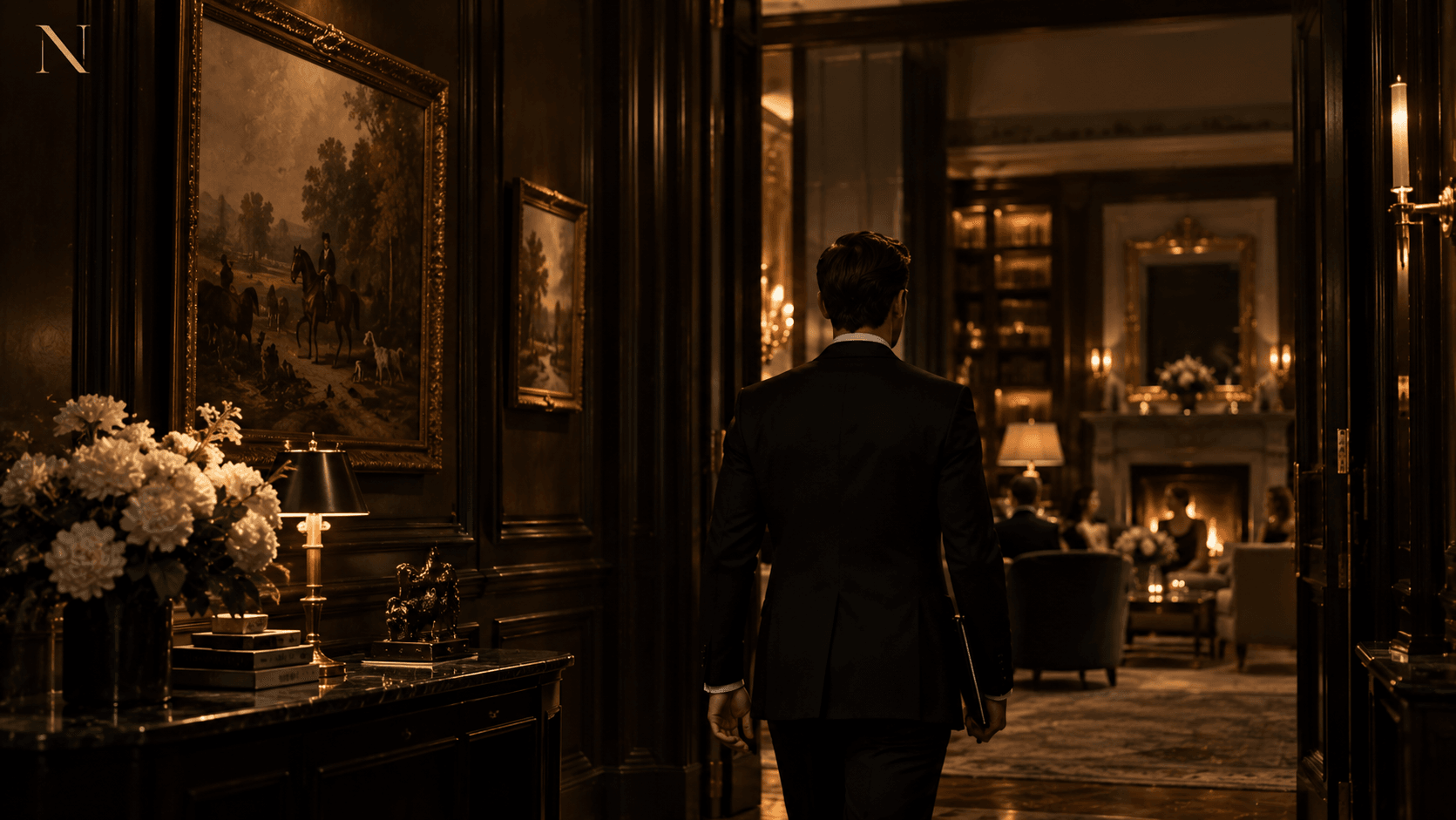 A man in a dark suit walking through a wood-panelled corridor towards a lit salon