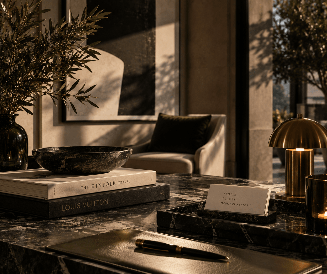 A dark marble desk with a brass lamp, a leather folio and a small card in late sunlight