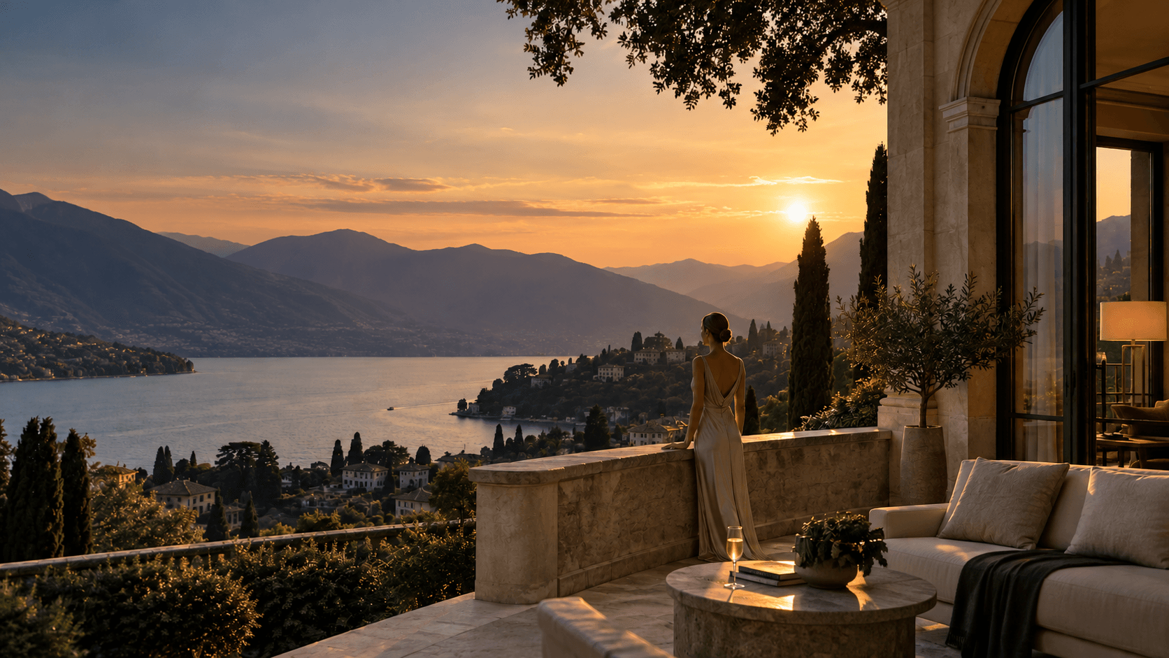 A woman on a stone terrace above a lake, looking out over the hills at sunset