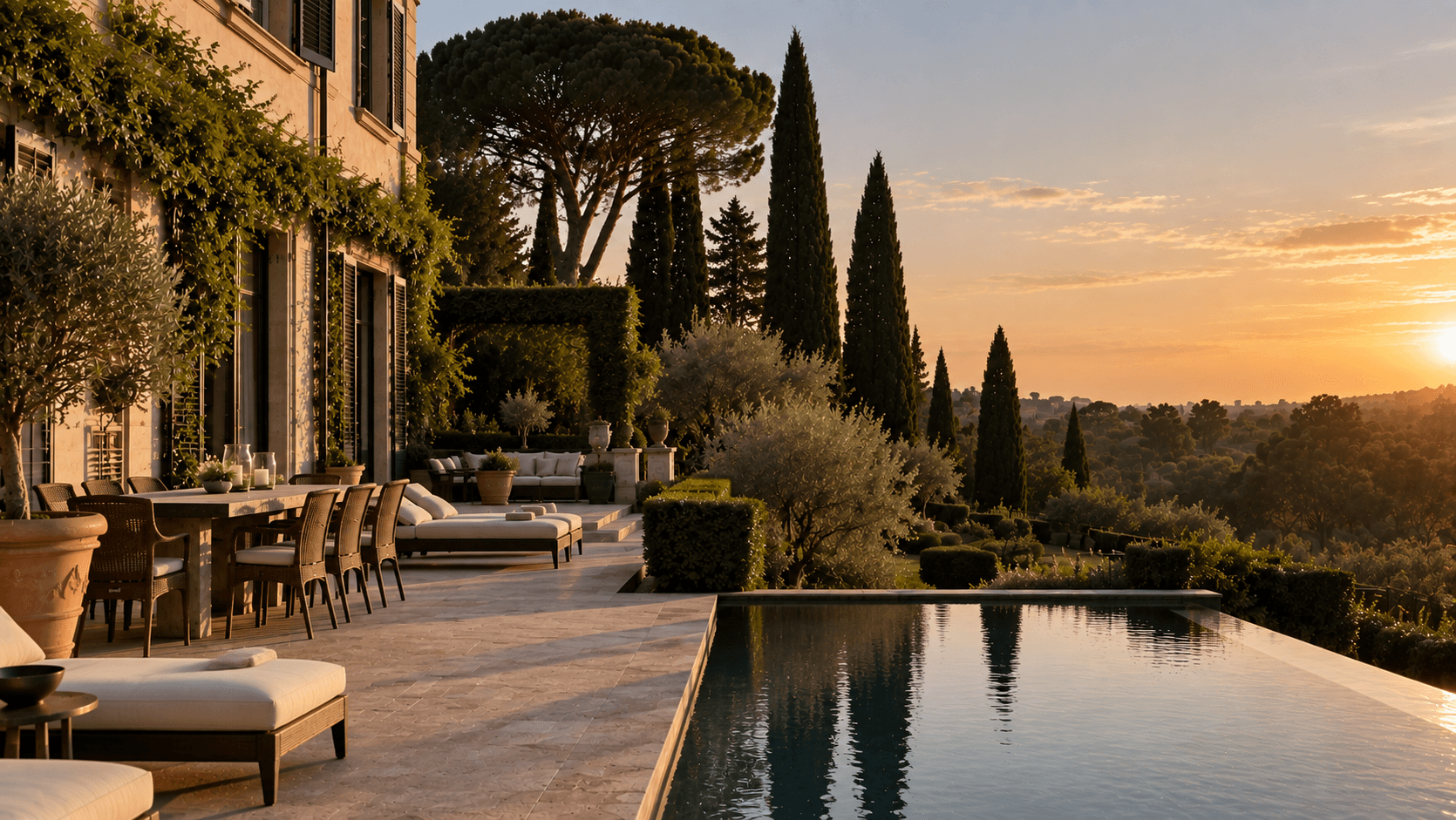 An estate terrace and infinity pool at sunset, framed by cypresses