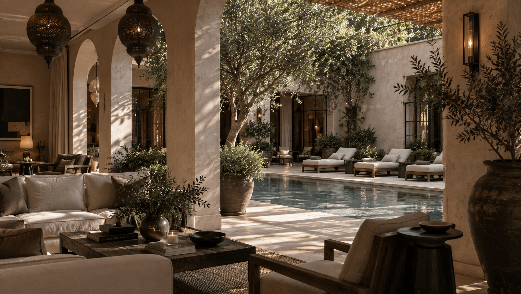 The shaded arcade and pool courtyard of a boutique hotel