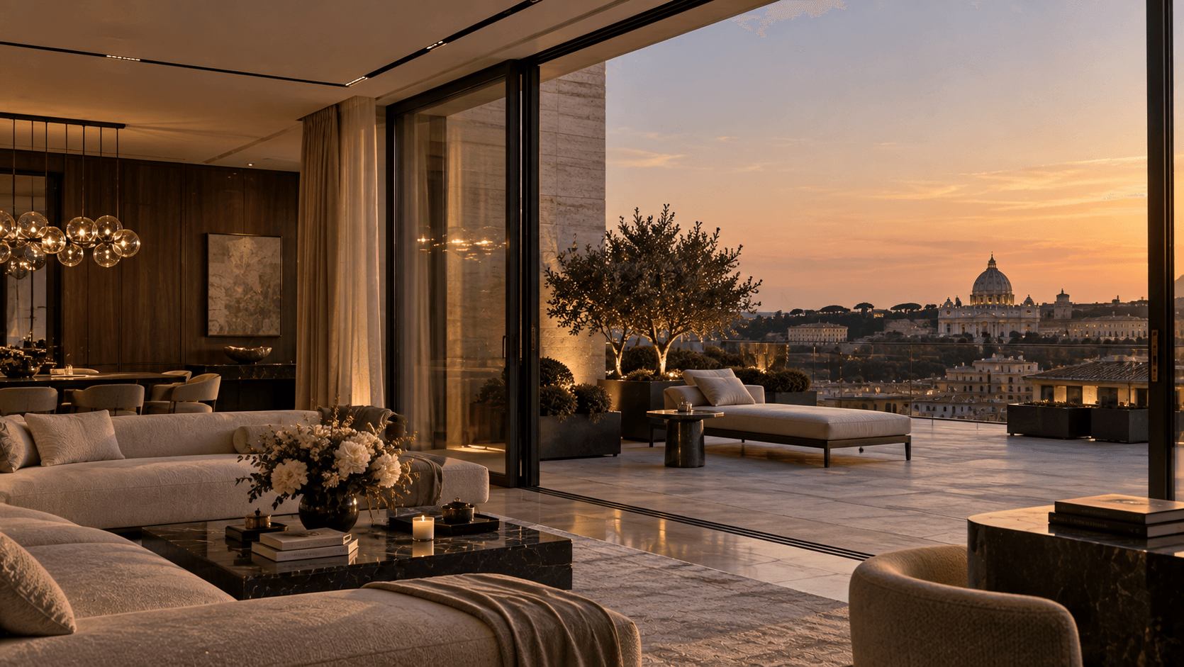 A penthouse living room opening onto a terrace above the city at dusk