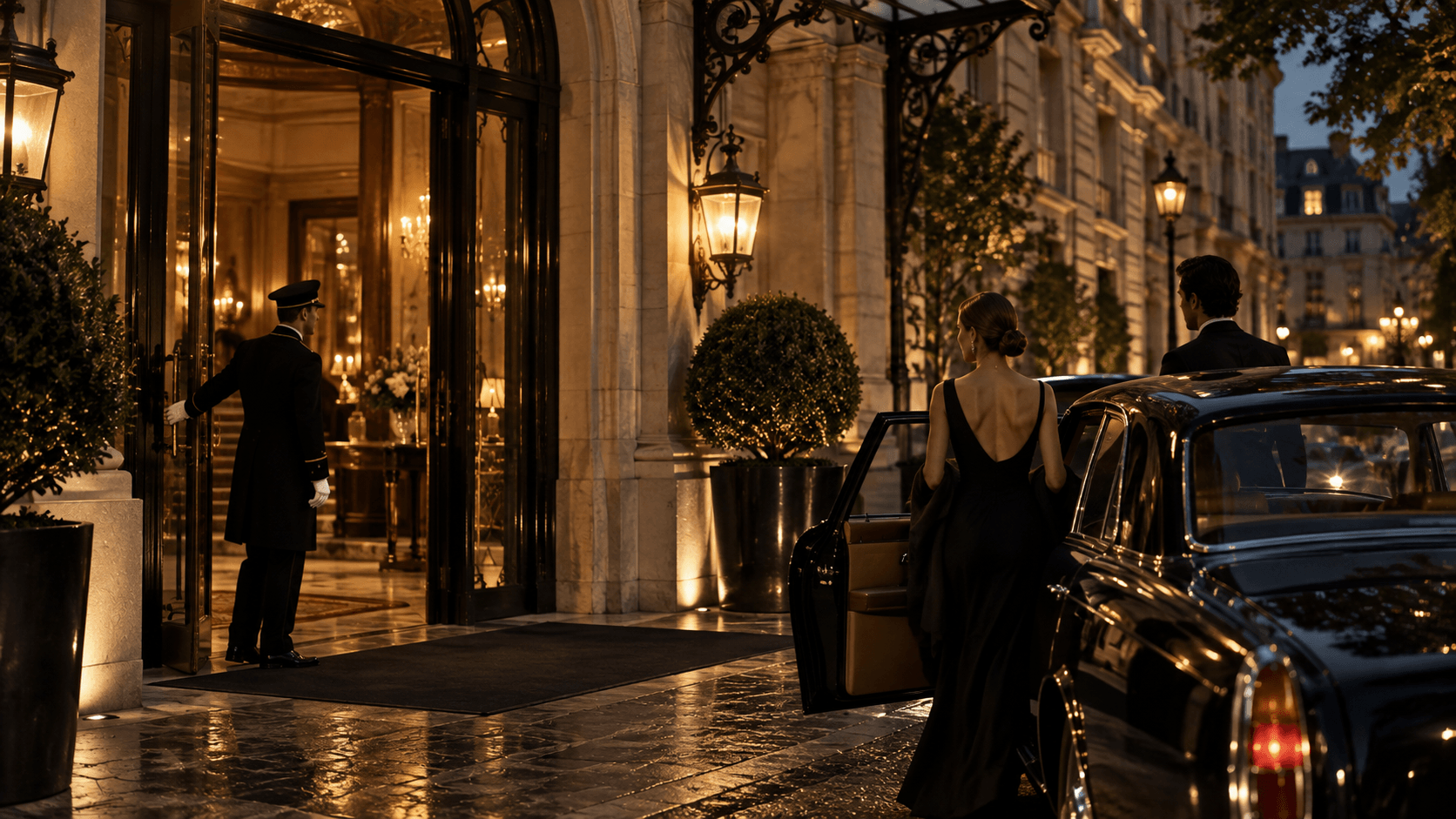 A couple arriving by car at a lit hotel entrance as the doorman opens the door